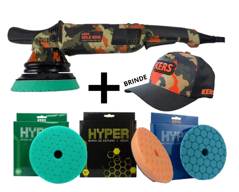 Kers Politriz Roto Orbital Gold Camuflada 15MM 127V 60HZ 1000W + Kit Boinas Hyper 5" + Brinde Boné Kers